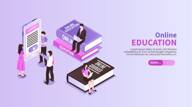 Online education horizontal banner with small people figurines...