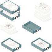 A vector illustration icon set of in and out trays for business - with paper documents and financial graphs.