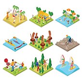 Isometric Outdoor Activity. Kayaking, Beach Volleyball, Mountain Bike, Surfing and Barbeque. Healthy Lifestyle and Recreation. Vector flat 3d illustration
