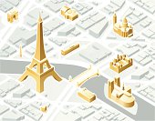 Aerial illustration of Paris, France in isometric view. Landmarks are highlighted in gold and included on a separate layer.