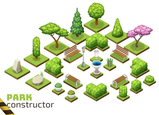 ilustrações, clipart, desenhos animados e ícones de construtor parque isométrica. - tree 3d