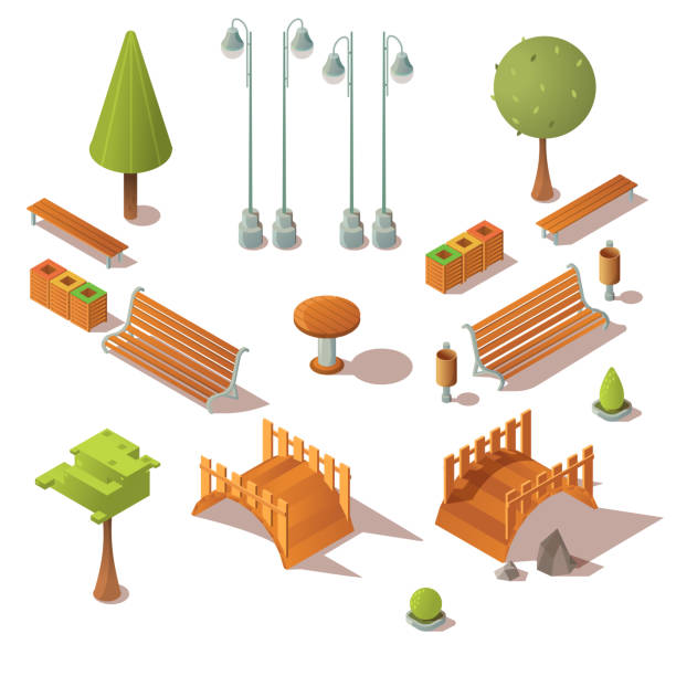 ilustrações, clipart, desenhos animados e ícones de jogo isométrico do parque. bancos, árvores, pontes de madeira - bancada de madeira branca