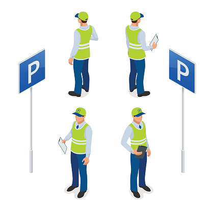 Isometric Parking Attendant. Traffic warden, getting parking ticket or parking ticket fine mandate. Flat 3d illustration