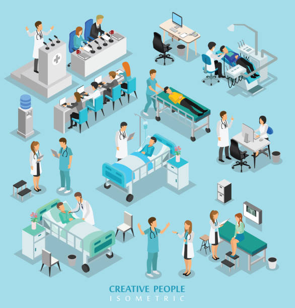 isometric people character on hospital include doctor, nurse, man and woman isometric people character on hospital include doctor, nurse, man and woman patient in hospital bed stock illustrations