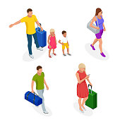 Isometric people with travel bag traveling on vacation. Character set. Active recreation, hiking and adventures