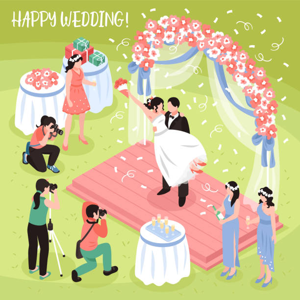 illustrations, cliparts, dessins animés et icônes de illustration professionnelle isométrique de mariage de photographe - photographe mariage