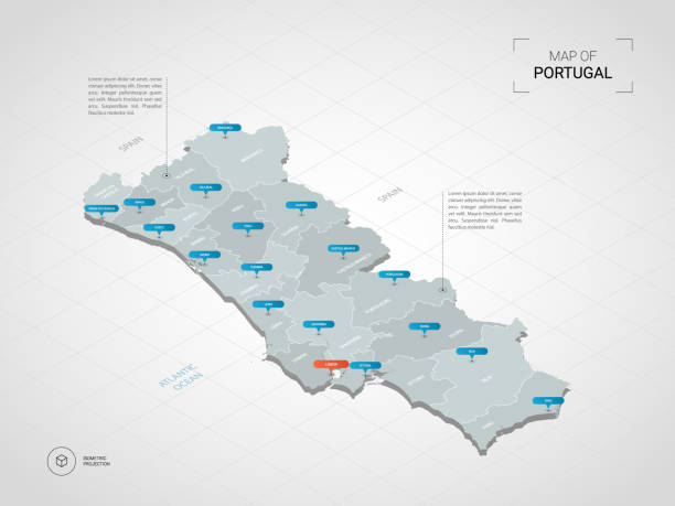 도시 이름과 행정 구역 아이소메트릭 포르투갈 지도. - portugal stock illustrations