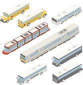 Public transportation vehicles in isometric view include the front and back views of a school bus, city bus, and express or charter bus. Articulated modern street car also included, along with a car to a commuter rail train or a subway/metro train. Vehicles in this vector image do not represent specific manufacturers.