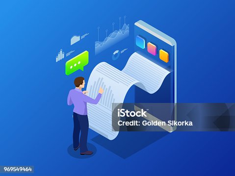 istock Isometric receipt of statistics data, notification on financial transaction, mobile bank, smartphone with a paper bill. Analysis and statistic online services. 969549464