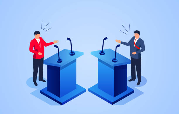 Isometric red and blue sides being debated vector art illustration