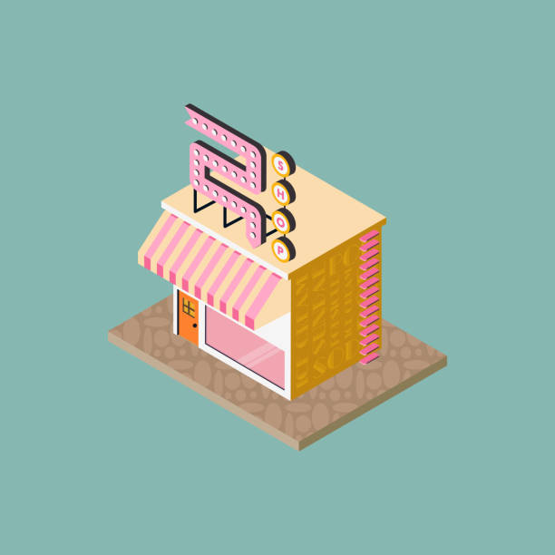 Isometric Retro Ice Cream Shop Isometric retro ice cream shop icon illustration with details such as retro signage, awning, wall graphics, stairs. Vector. Isolated on colored background. sweet little models pictures stock illustrations