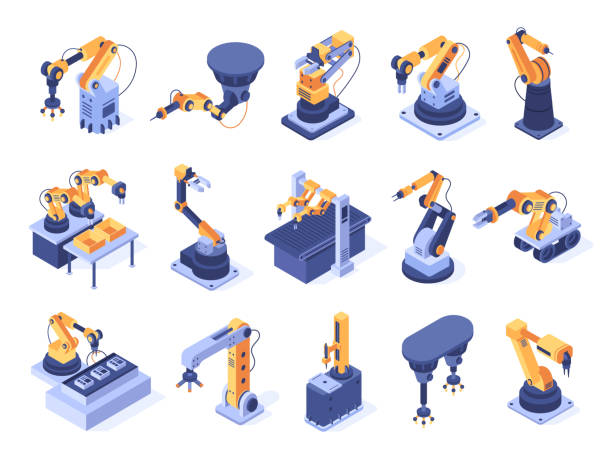 ilustraciones, imágenes clip art, dibujos animados e iconos de stock de brazo robótico isométrico. máquinas industriales de fábrica, automatización de fabricación y línea de producción robot brazos 3d conjunto de vectores - production line