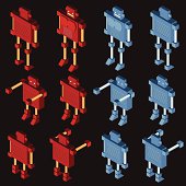 Isometric robot. Various positions and views (behind and front). Two different androids - red and blue, tall and short - are available.