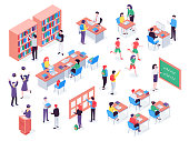 Isometric school. Children and teacher in classroom, students in schools library and education classroom. Pupils social communication on math lesson. Isolated vector 3d illustration icons set