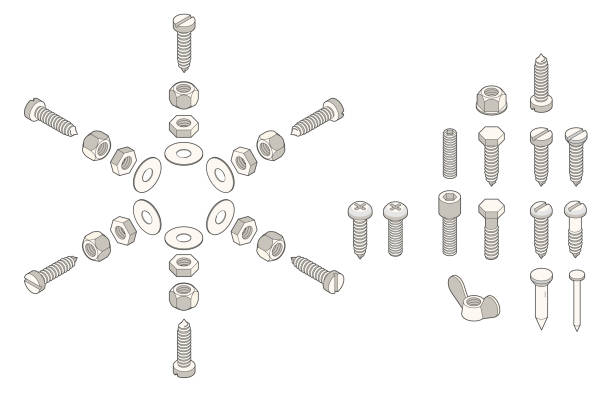 isometric screws screws, nuts and bolts - 30 degrees isometric projection nail work tool stock illustrations