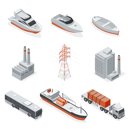 Isometric set industry, transportation, communications and logistics  elements