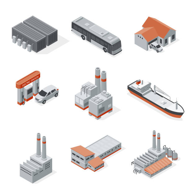 Isometric set industry elements Isometric set industry and transportation  elements energy storage stock illustrations
