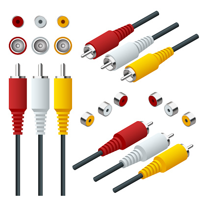 Isometric set of Audio Video Cable input connections. RCA cable View straight and isometric.