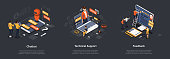 Isometric Set Of Chatbot, Technical Support And Feedback. 3d Isometric Illustration Of Digital Marketing. Vector illustration.