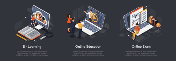 kumpulan konsep pendidikan isometrik. e-learning, pendidikan online, ujian online. ilustrasi vektor. - online class ilustrasi stok