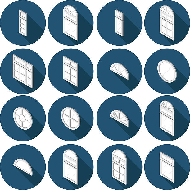 isometrische ein set von flachen icons fenster - dachfenster stock-grafiken, -clipart, -cartoons und -symbole