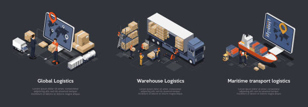 set isometrik logistik global, logistik gudang, logistik transportasi maritim. pengiriman tepat waktu yang dirancang untuk mengurutkan dan membawa kargo dalam jumlah besar. ilustrasi vektor - pengangkutan barang ilustrasi stok