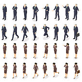 Isometric set of movements and poses of a businessman and businesswoman.