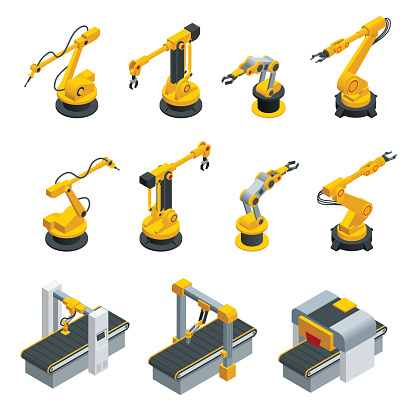 Isometric set of robotic hand machine tool at industrial manufacture factory. Industrial welding robots in production line manufacturer factory