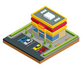 Isometric shopping mall or store. Parking and shopping in city vector illustration.