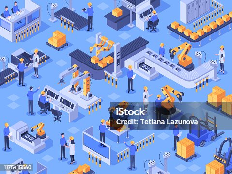 istock Isometric smart industrial factory. Automated production line, automation industry and factories engineer workers vector illustration 1175415560