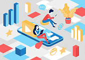 Isometric social network communication concept vector illustration. 3d cartoon tiny people sitting on smart phone, networking, blogger posting video blog content for internet community background