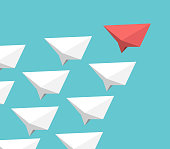 Isometric unique red solid leader paper plane leading group. Leadership, management, competition, motivation and teamwork concept. Flat design. EPS 8 vector illustration, no transparency, no gradients
