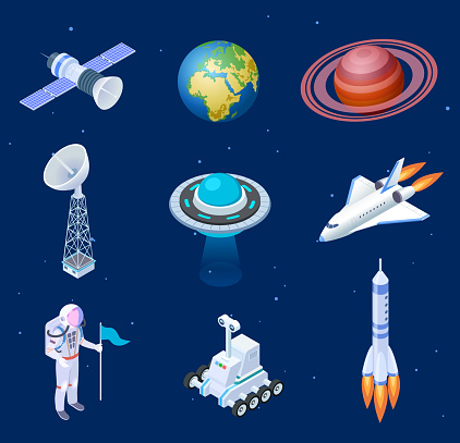 Isometric spaceships. Space satellite rocket telescope globe spaceman astronaut. Missile spacecraft 3d isolated vector set
