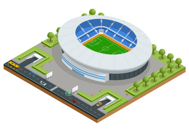 illustrazioni stock, clip art, cartoni animati e icone di tendenza di stadio isometric sport. illustrazione vettoriale football soccer stadium building. - stadio