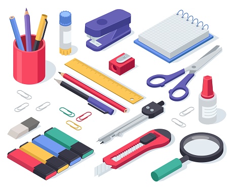 Isometric stationery. School supplies glue, notebook, material, pen, scissors, stapler, ruler, eraser. Office tools and equipment vector set