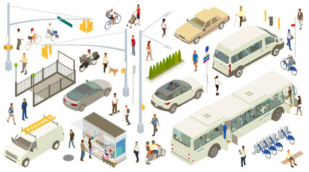 Isometric Street Icons A varied, detailed set of city street icons include traffic lights, lamppost, signs, subway entrance, fire hydrant, bike rack, newsstand, bench, manhole cover, and a row of shrubs. People are seen walking, biking, and carrying bags and jackets. A person in a wheelchair, a dog walker, police officer, a person using inline skates, and a variety of other people can be seen. People can also be seen on and inside vehicles, which include a city bus, shuttle van, SUV, sports car, 1980s-style sedan, motorcycle, moped, and bicycles. people transportation stock illustrations