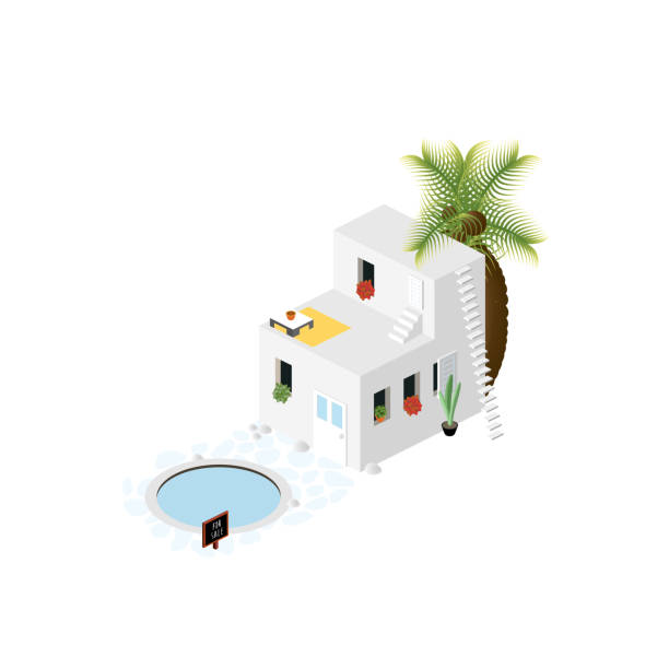 Isometric Summer House for Sale - Vacation House Icon 2-story white summer house with pool comes with a giant coconut palm tree and "for sale" sign. Vector. Isolated on white background. airbnb stock illustrations