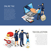 Online income tax declaration and inspectors symbolic collecting cash from individual 2 horizontal isometric banners vector illustration