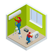 Isometric technician repairing split air conditioner on a white wall. Construction building industry, new home, construction interior. Vector illustration.