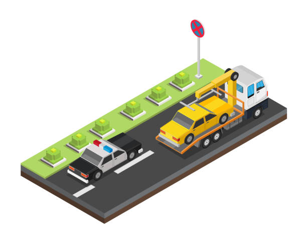 Isometric Tow truck city road assistance service evacuator of Online car help design vector background illustration set Isometric Tow truck city road assistance service evacuator of Online car help design vector background illustration set tow truck police stock illustrations