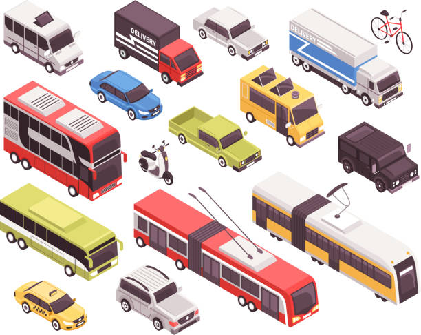 isometric transport set Public transport including bus, trolley, tram, personal vehicles, taxi, trucks, set of isometric icons isolated vector illustration double decker bus stock illustrations