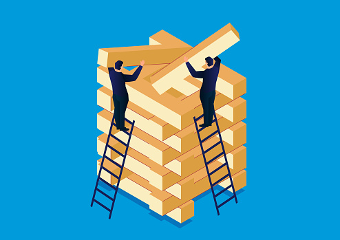 Isometric two businessmen building stacked building blocks, concept of business project process and development, career growth