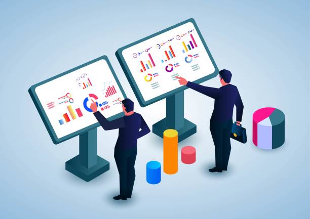 Isometric two businessmen viewing and analyzing data on computer touch screen. vector art illustration