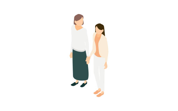Isometric, two women walking hand in hand Isometric, two women walking hand in hand two women stock illustrations