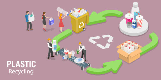 stockillustraties, clipart, cartoons en iconen met 3d isometrische vector conceptuele illustratie van plastic recycle proces. - gerecycled materiaal