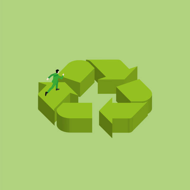 izometryczna ilustracja wektorowa 3d przedstawiająca człowieka przebiega na pętli symbolu recycle. cykl recyklingu koncepcja troski i ochrony środowiska, dzień ziemi, ratowanie planety, przyjazny dla środowiska, zrównoważony rozwój. - esg stock illustrations