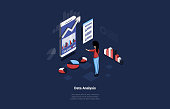 Isometric Vector Illustration On Dark Blue Background With Text, Concept Illustration In Cartoon 3D Style With Text, Character And Objects. Data Analysis, Business Marketing Successful Strategy Plan.