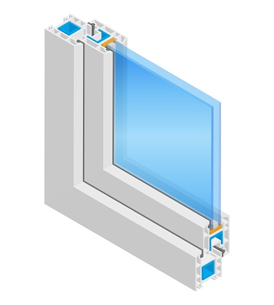 Isometric vector illustration plastic window frame profile isolated on white background. Cross-section diagram of a double glazed window pane PVC profile in flat cartoon style. Structure corner window