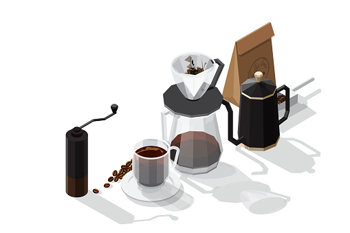 Isometric vector illustration set of coffee preparation consisting of Coffee beans in paper bag coffee cup on a white plate and kettle filter cup and manual grinder isolated on white backgrounds