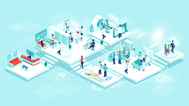 Isometric vector of a medical clinic hospital inpatient care with rooms, patients, doctors and nurses. Isometric vector of a medical clinic hospital inpatient care with rooms, patients, doctors and nurses. Healthcare technology and imaging studies concept. inpatient stock illustrations